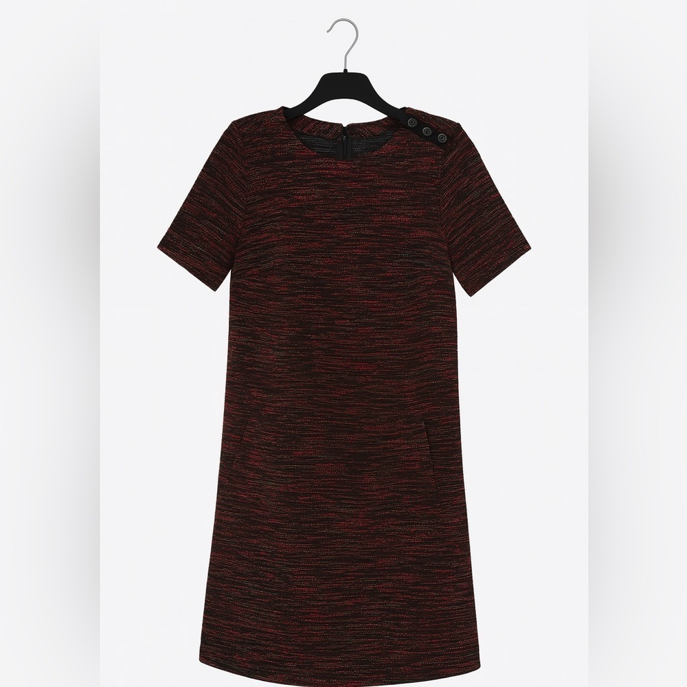 LOFT Red Black Shift Dress Sz S | Textured | Pockets | Classic & Versatile